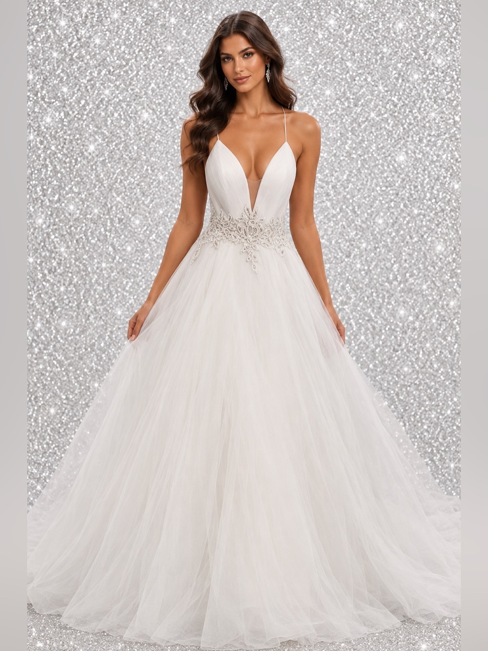 Demetrios Tulle V-Neck Sleeveless Lace Beaded Wedding Dress Size 8 $2,000